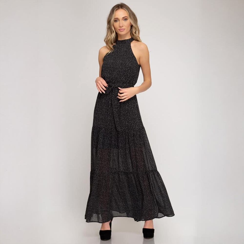 NWOT She + Sky High Neck Tiered Maxi Dress